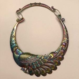 Iridescent metal peacock choker collar necklace